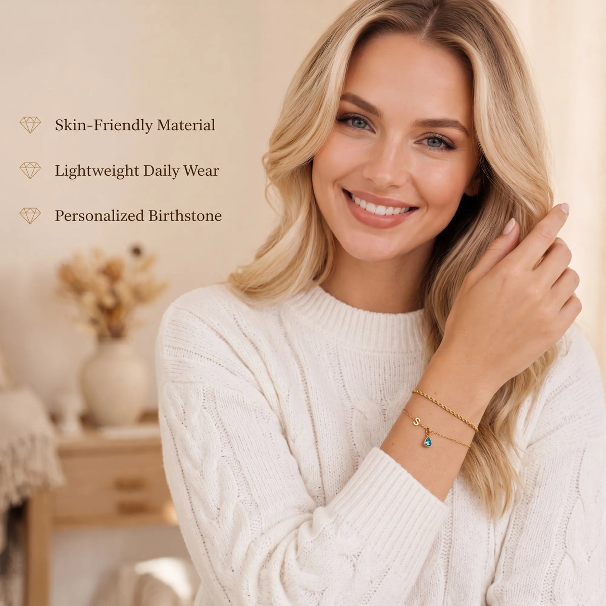 Personalized Initial Trillion Cut Birthstone Bracelet - on model