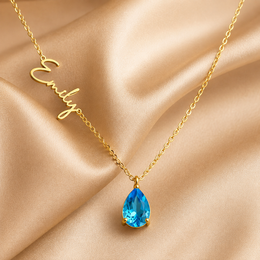Custom Script Name Necklace, Birthstone Teardrop Pendant
