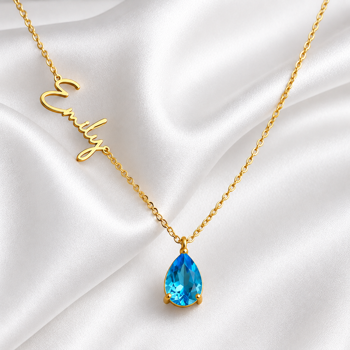 Custom Script Name Necklace, Birthstone Teardrop Pendant