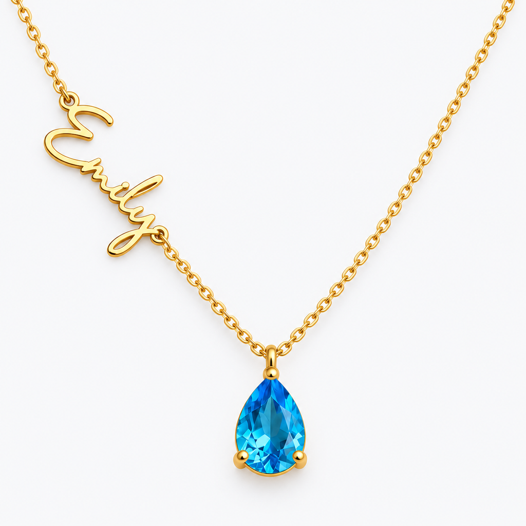 Custom Script Name Necklace, Birthstone Teardrop Pendant