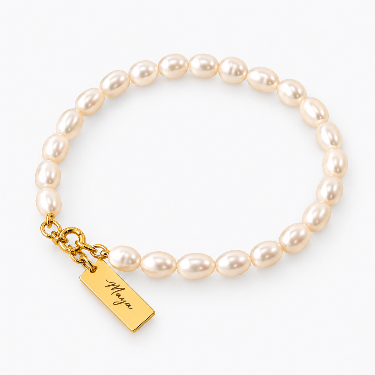 Custom Name Pearl Bracelet with Engraved Tag