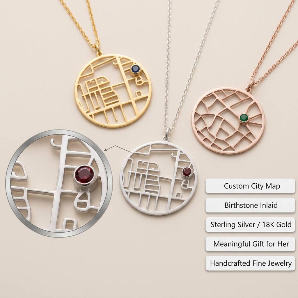 Custom Map Necklace - flat lay of three color options