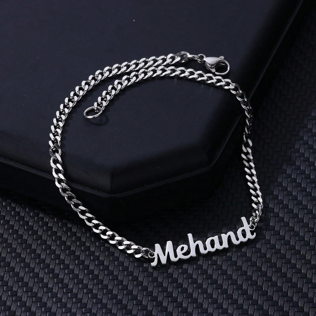Silver Cuban chain anklet with script name pendant