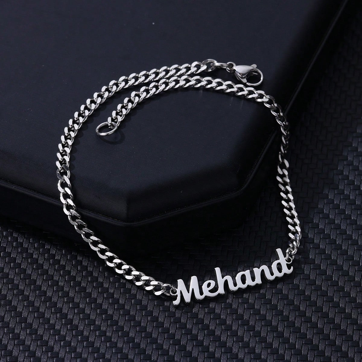 Silver Cuban chain anklet with script name pendant