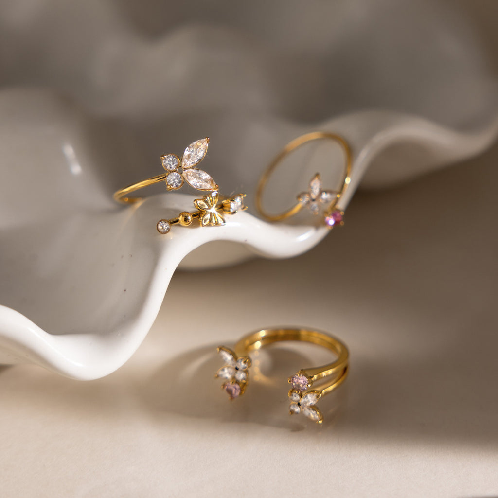 Gold Plated Zircon Butterfly Open Ring - flat lay 2