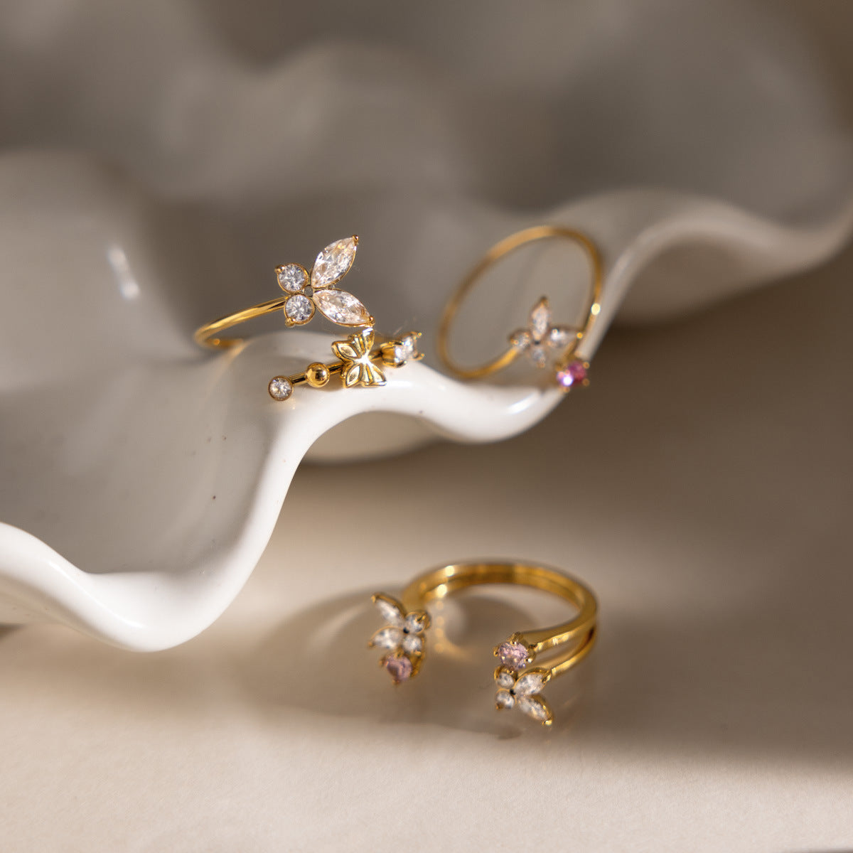 Gold Plated Zircon Butterfly Open Ring - flat lay 2