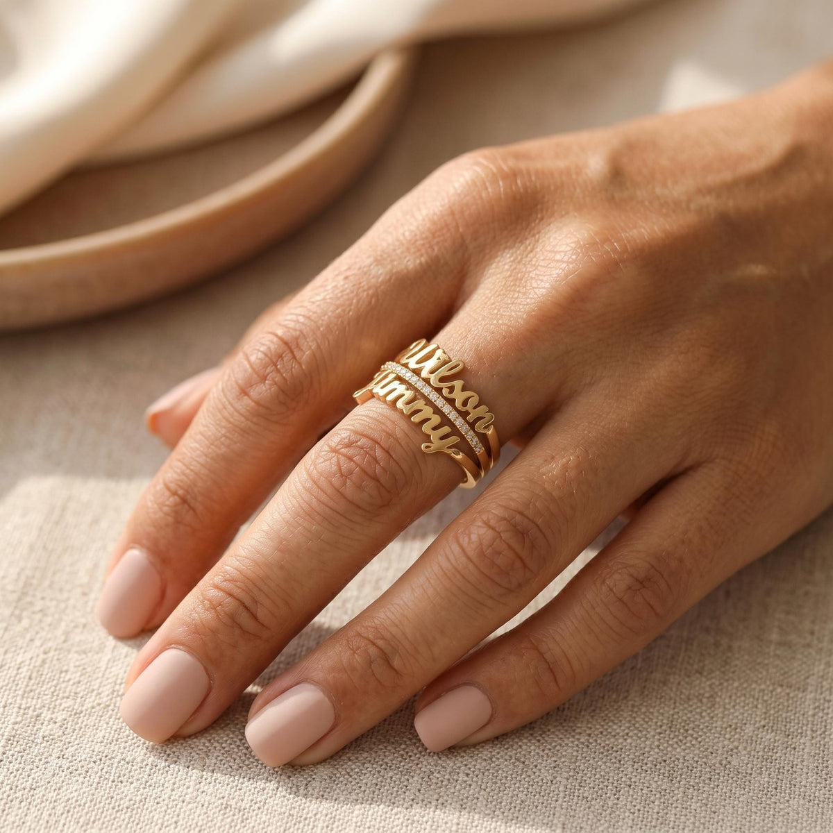 Personalized Double Name Ring - styled on pedestal