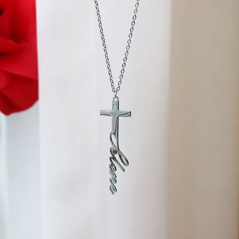 Silver cross pendant with custom name script