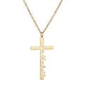 Gold cross necklace with name pendant on white background