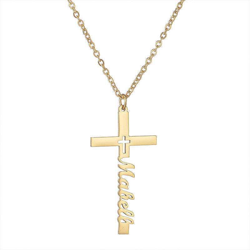 Gold cross necklace with name pendant on white background