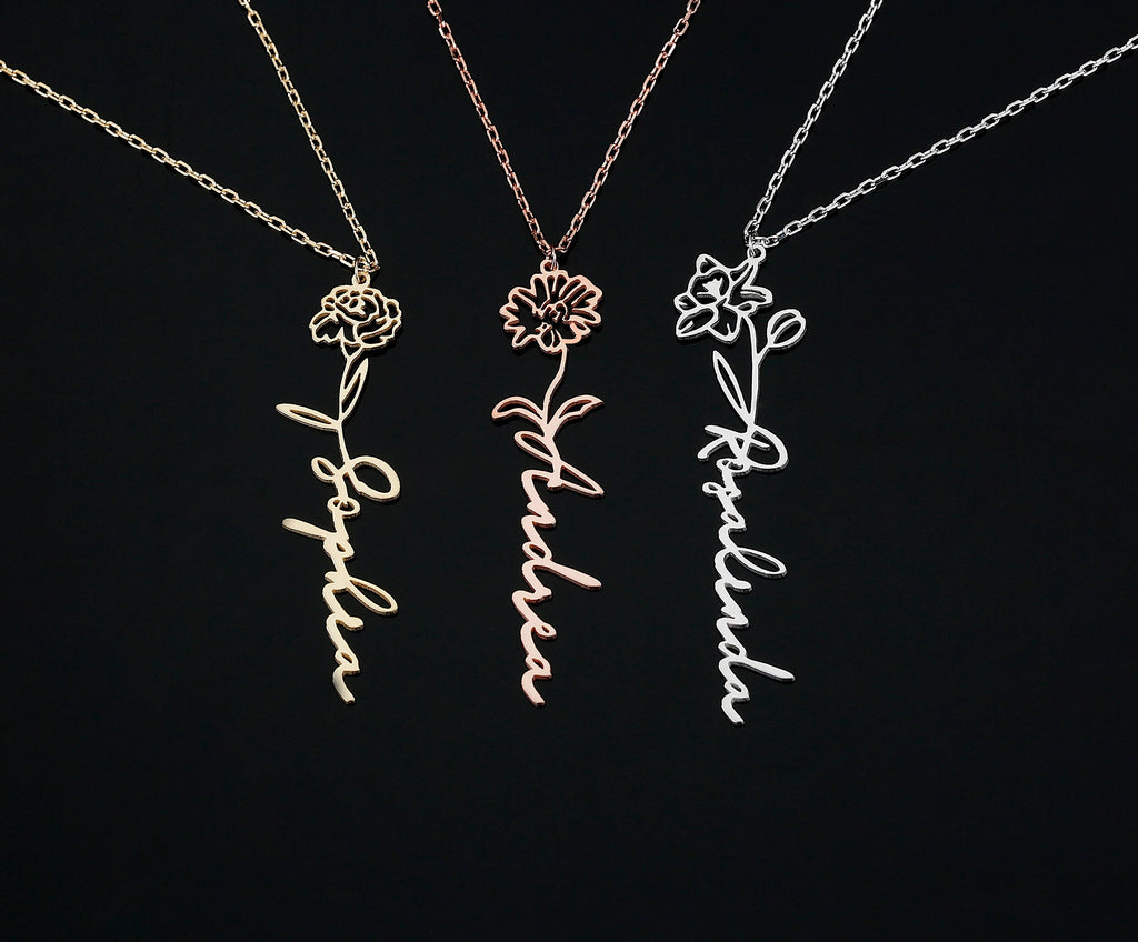 Three birth flower name necklaces in gold, rose gold, and silver