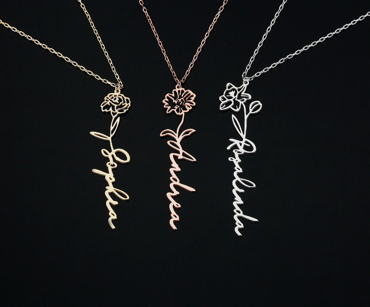 Three birth flower name necklaces in gold, rose gold, and silver
