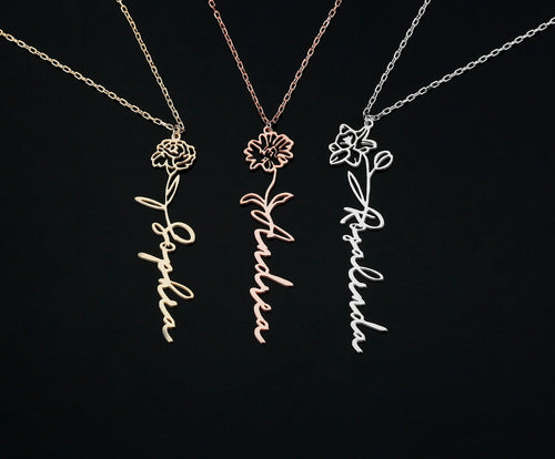 Three birth flower name necklaces in gold, rose gold, and silver
