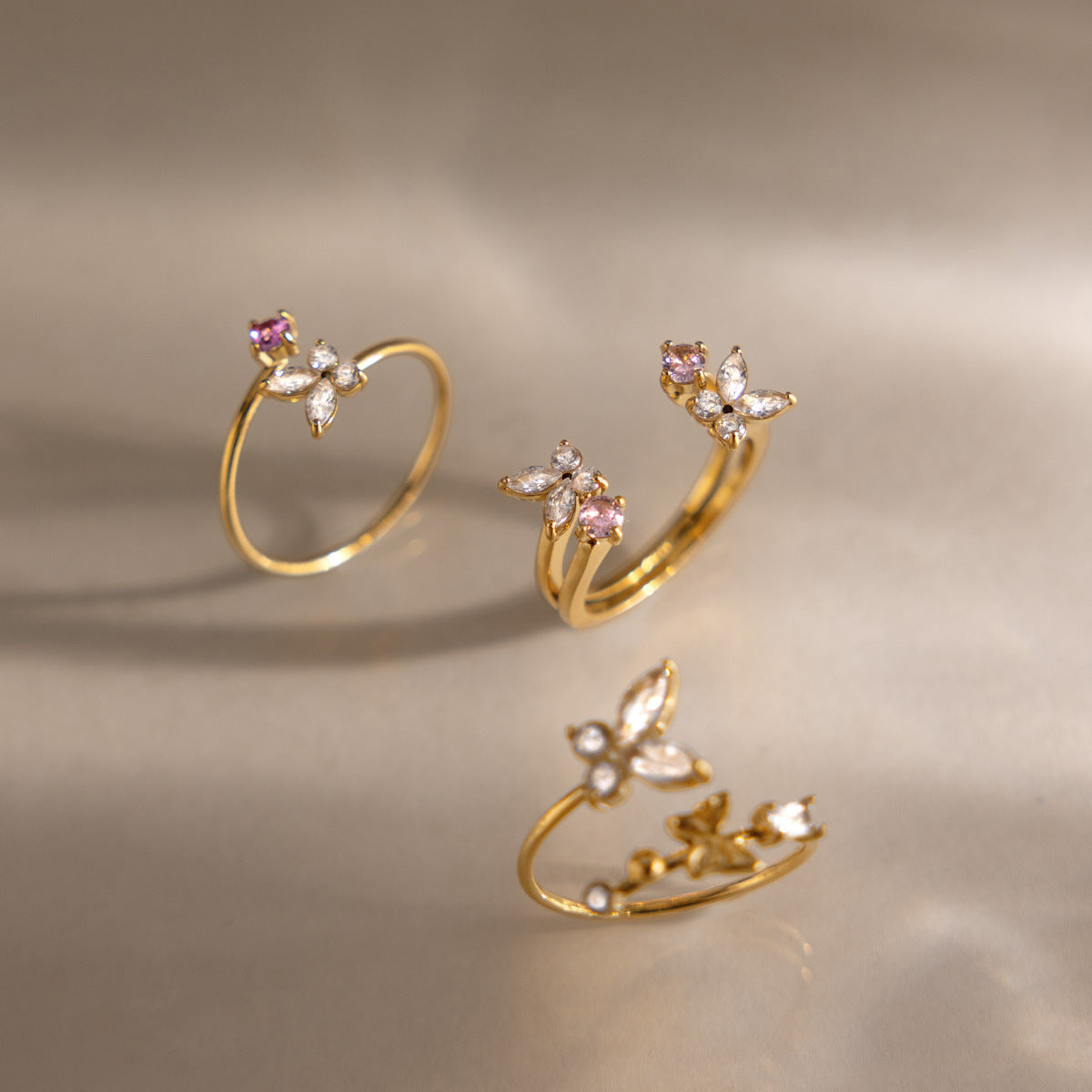 Gold Plated Zircon Butterfly Open Ring - flat lay 1