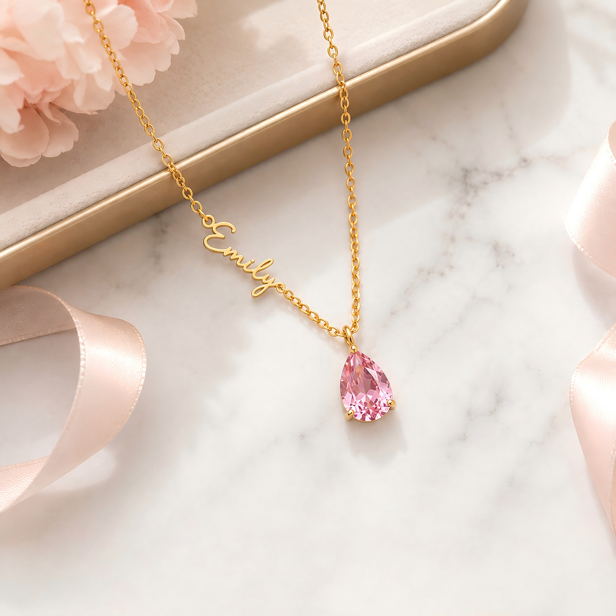 Custom Script Name Necklace with Birthstone Teardrop Pendant - flat lay