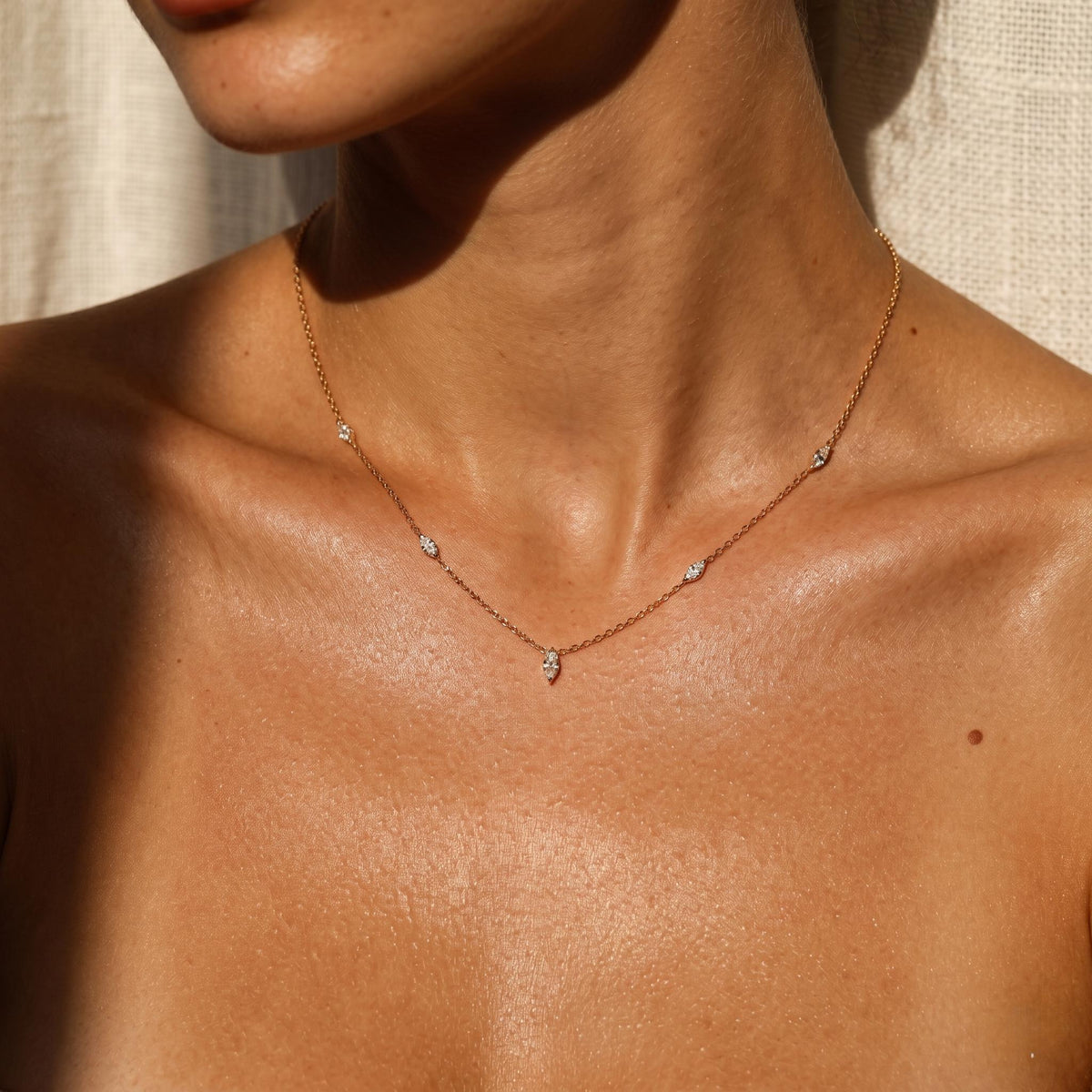 Minimalist Gold Marquise CZ Station Choker Necklace - on model