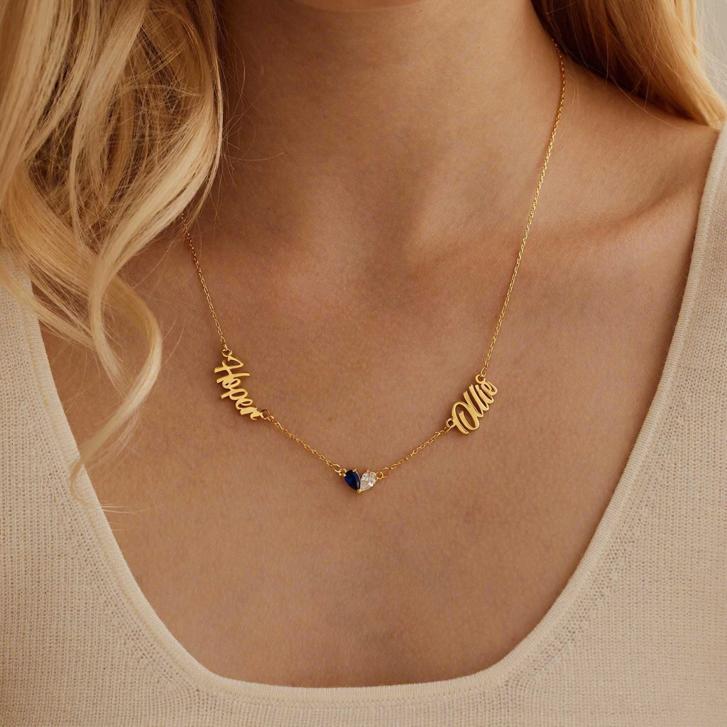 Tarnish-Free Waterproof Custom Name Necklace with Heart Birthstone - flat lay