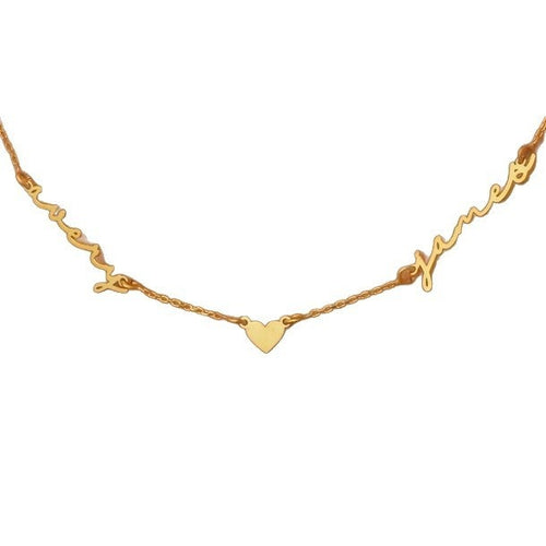 Gold two-name necklace with heart charm on white background