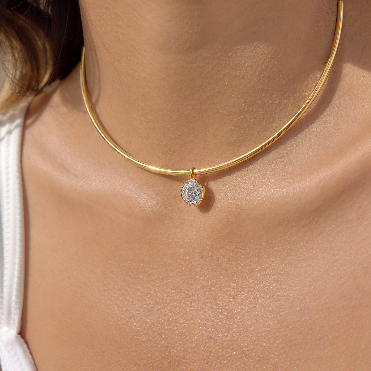 Waterproof Gold Teardrop Zircon Pendant Necklace - on model