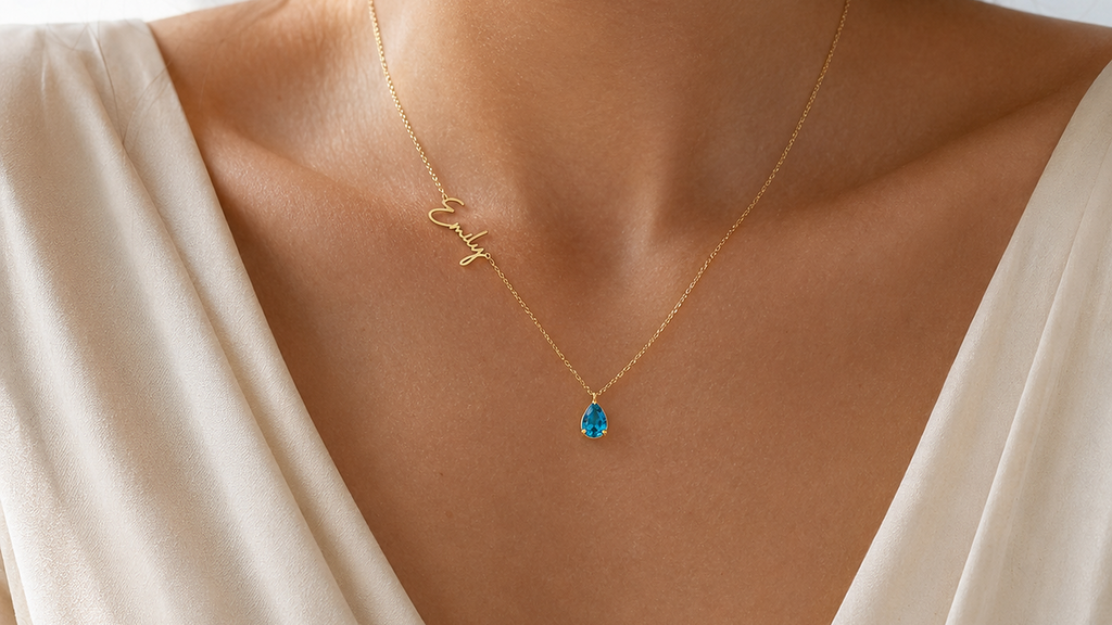 Custom Script Name Necklace with Birthstone Teardrop Pendant - worn