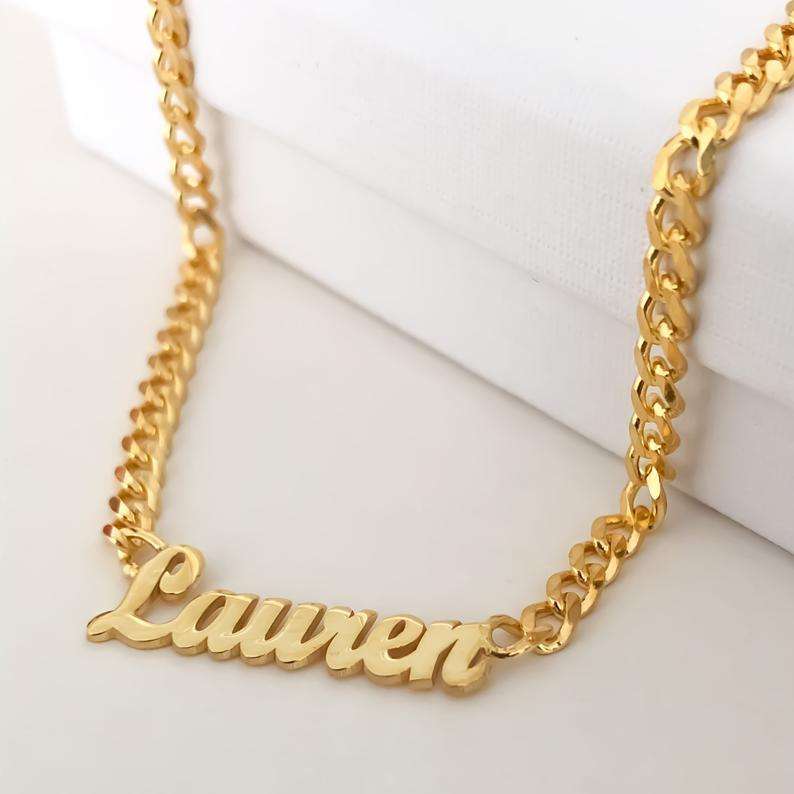 Gold Cuban chain necklace with custom script name pendant