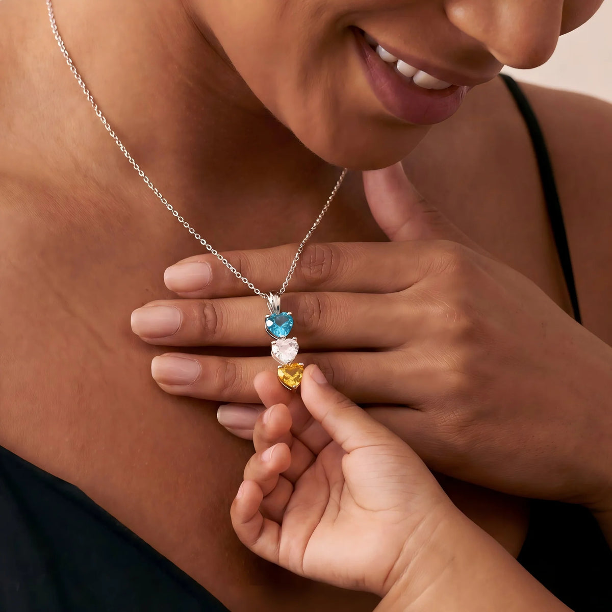 Custom Multiple Birthstones Heart Pendant Necklace - silver worn