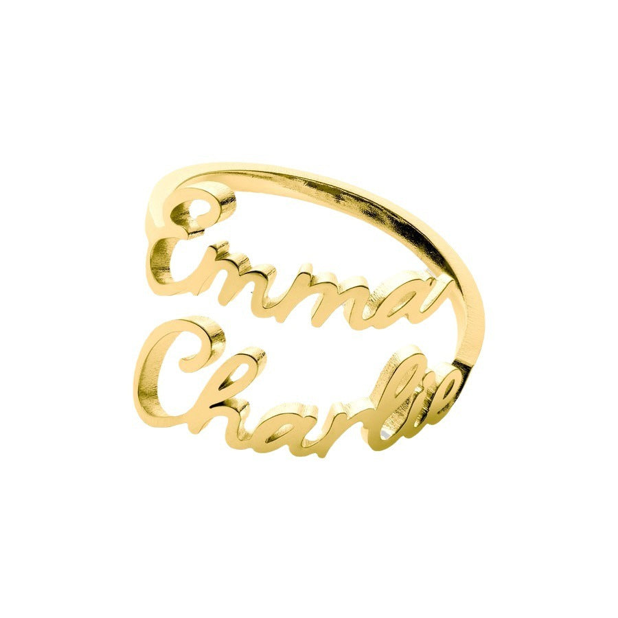 Gold double-name open ring on off-white background