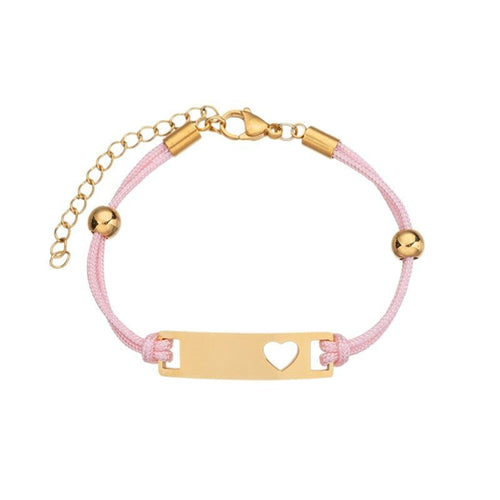 Gold nameplate bar with heart cutout on pink woven cord, blank