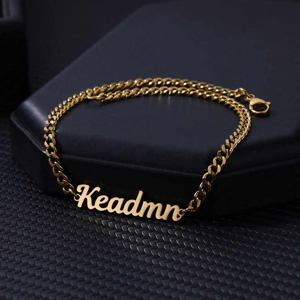 Gold Cuban chain anklet with script name pendant