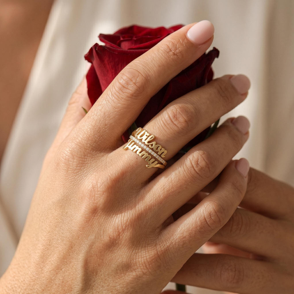 Personalized Double Name Ring - on hand with rose