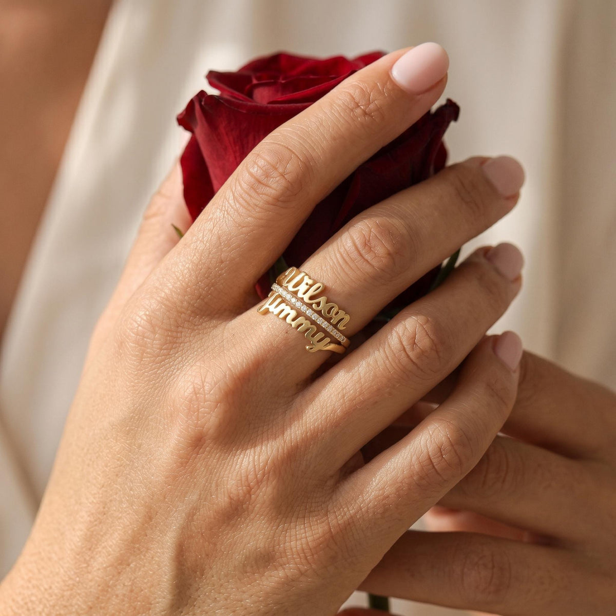 Personalized Double Name Ring - on hand with rose