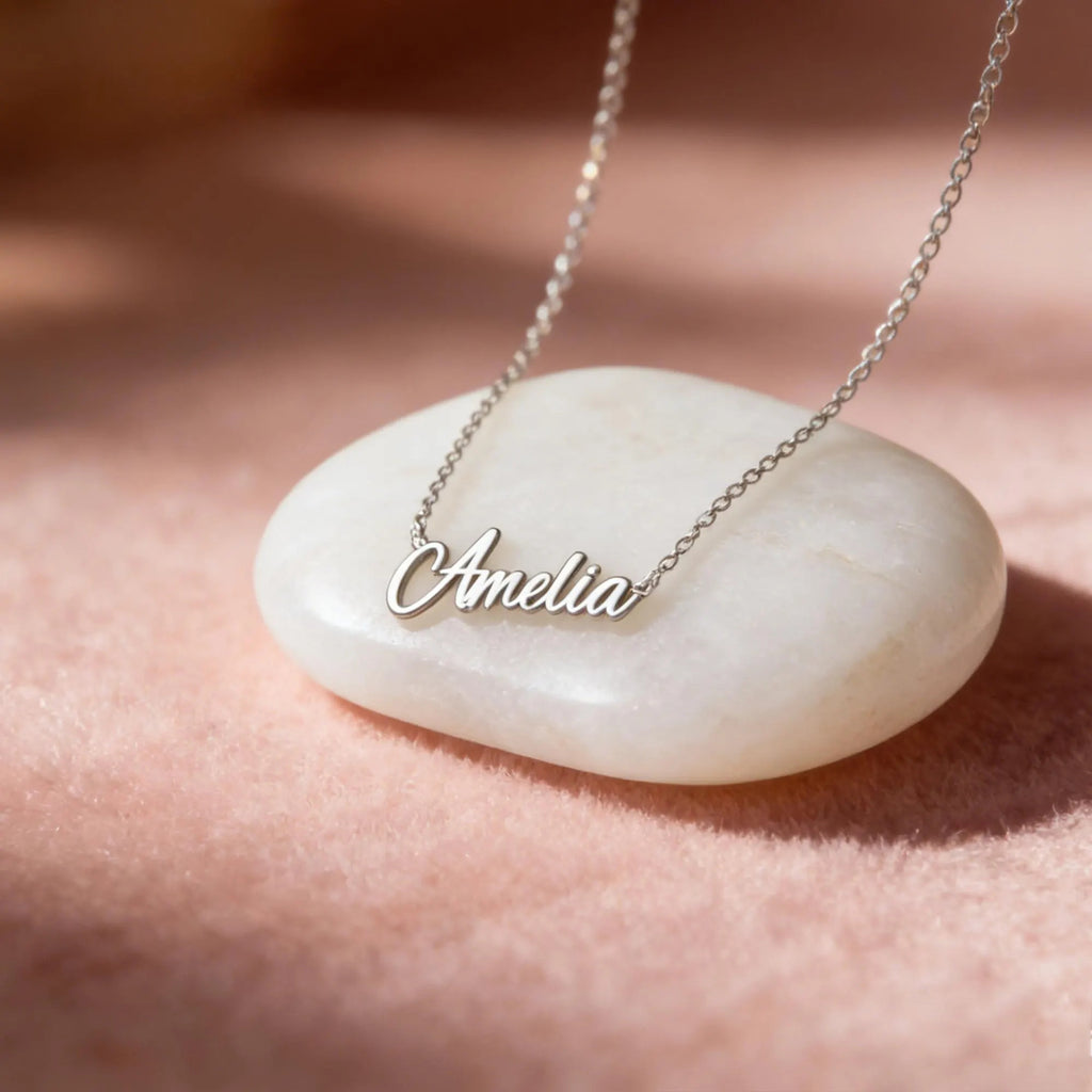 Silver 925 sterling silver script name necklace macro shot