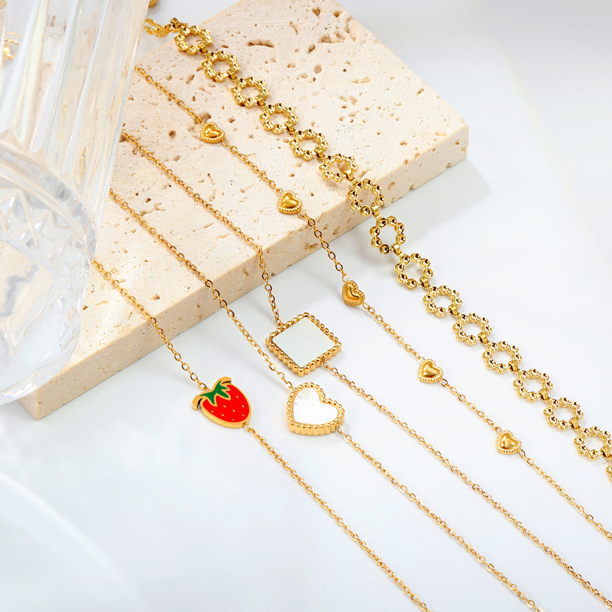 Gold Plated Mother of Pearl Heart Bracelet - flat lay