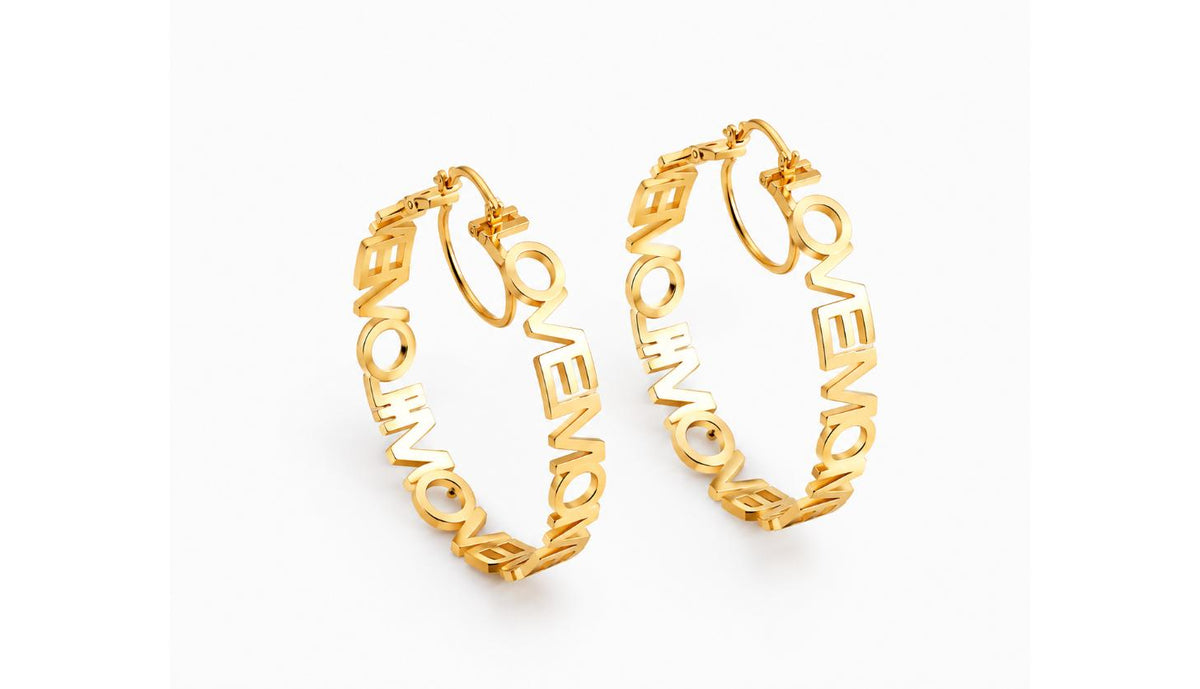 Custom Gold Hoop Earrings, Love Mom Name Earrings